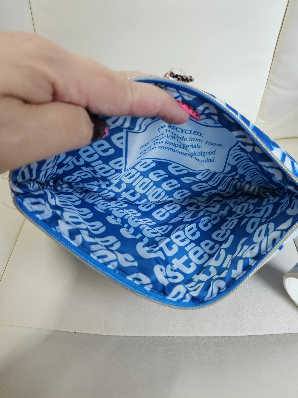 Estee Lauder White Cosmetic Pouch with Blue Floral Print